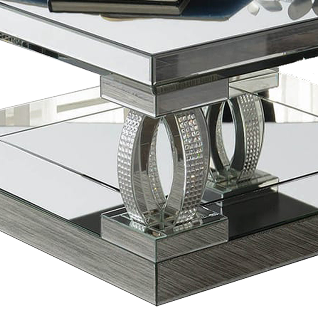 Mirrored Wooden Sofa Table With Curved Base And 1 Open Shelf, Silver- Saltoro Sherpi