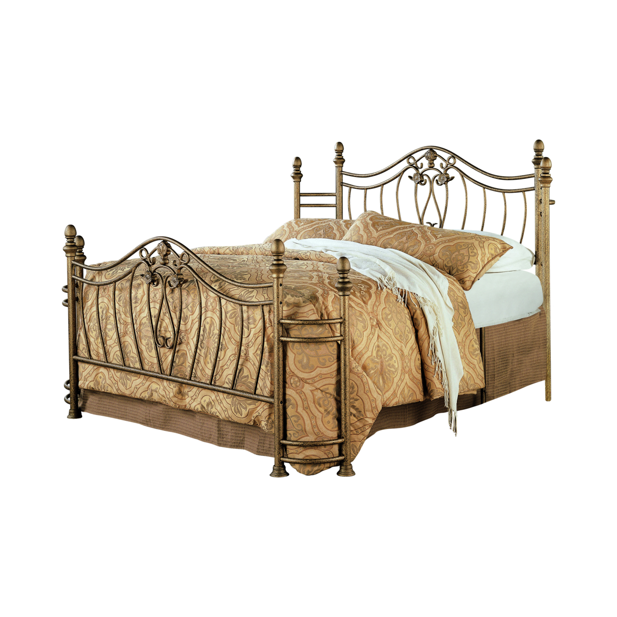 Metal Queen Headboard And Footboard With Swirling Floral Motifs, Antique Gold- Saltoro Sherpi