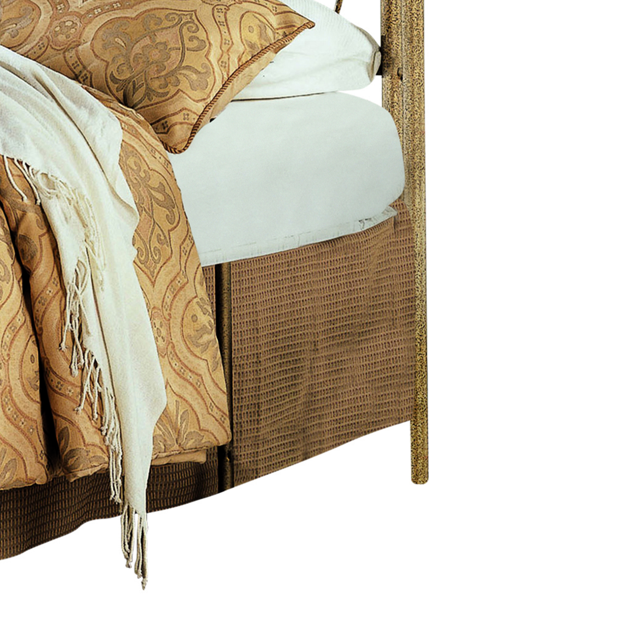 Metal Queen Headboard And Footboard With Swirling Floral Motifs, Antique Gold- Saltoro Sherpi
