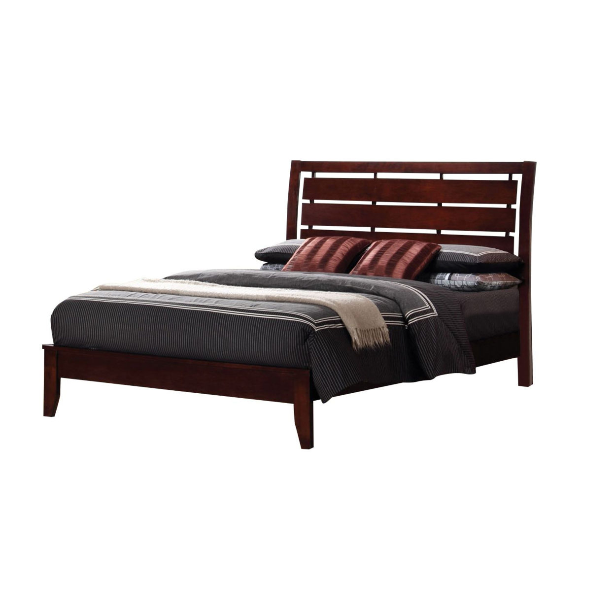 Transitional Wooden Queen Size Bed With Slatted Style Headboard, Brown- Saltoro Sherpi