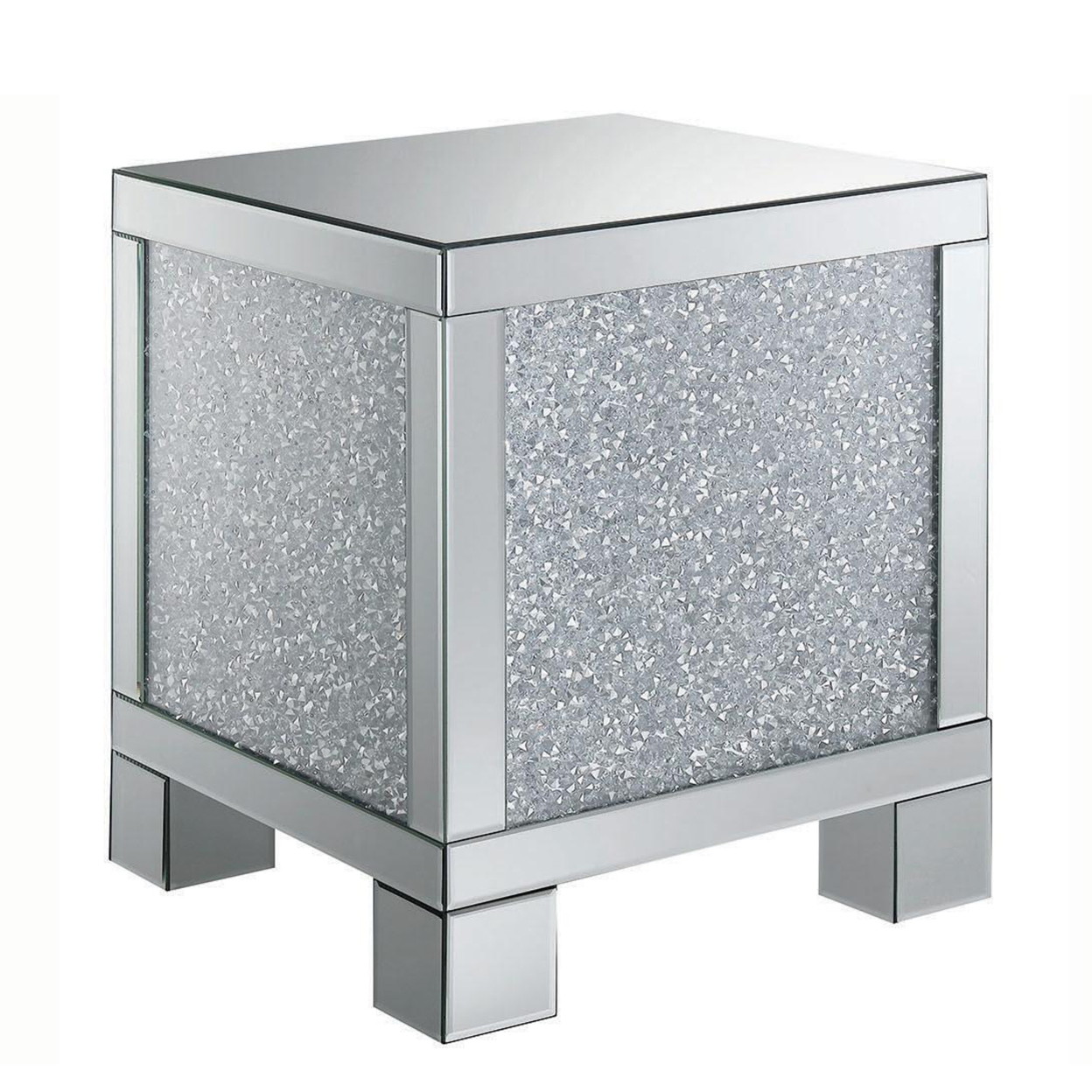 Wooden End Table With Infused Crystals On Mirrored Panel, Silver And Clear- Saltoro Sherpi