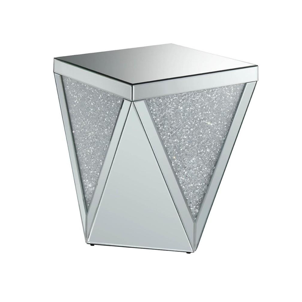 Wooden End Table With Triangular Infused Crystal Details, Silver And Clear- Saltoro Sherpi