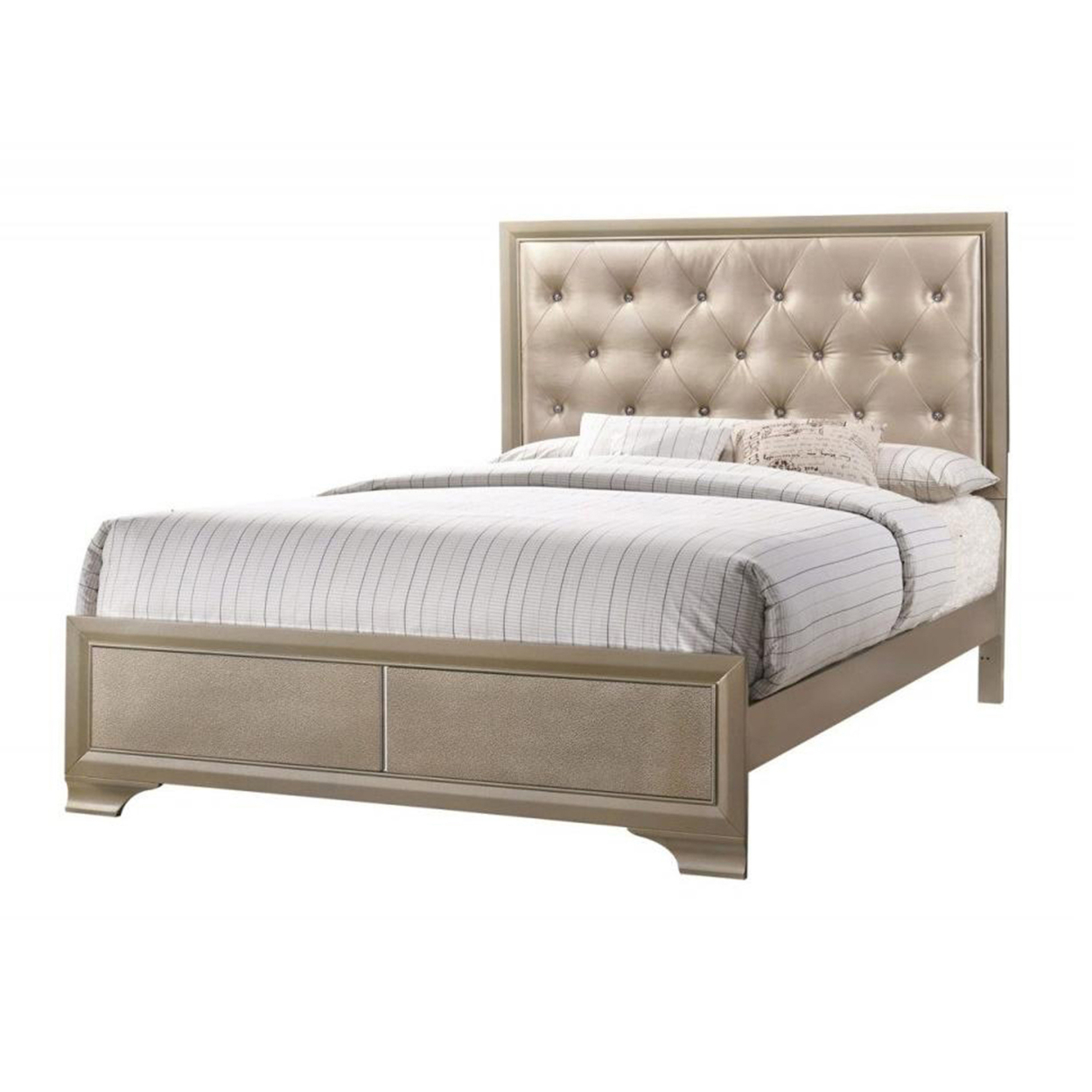 Transitional Wooden Queen Size Bed With Button Tufted Headboard, Champagne- Saltoro Sherpi
