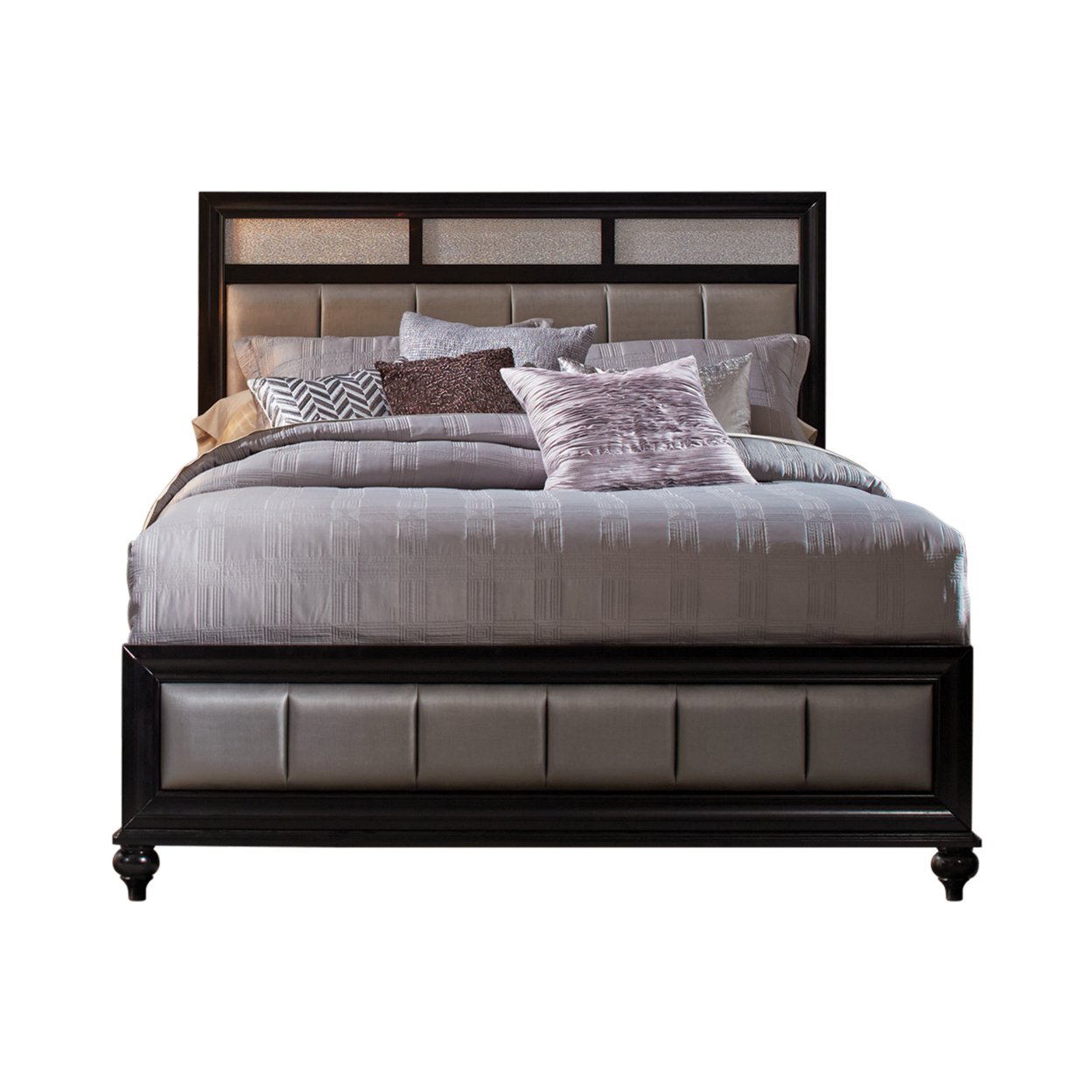 Leatherette Queen Size Bed With Crystal Inlay Headboard, Black And Gray- Saltoro Sherpi