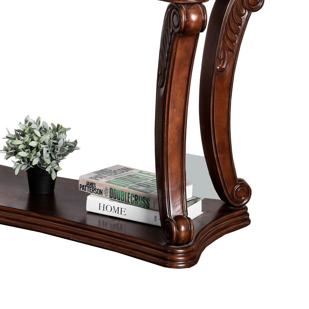 Traditional Sofa Table With Cabriole Legs And Wooden Carving, Brown- Saltoro Sherpi