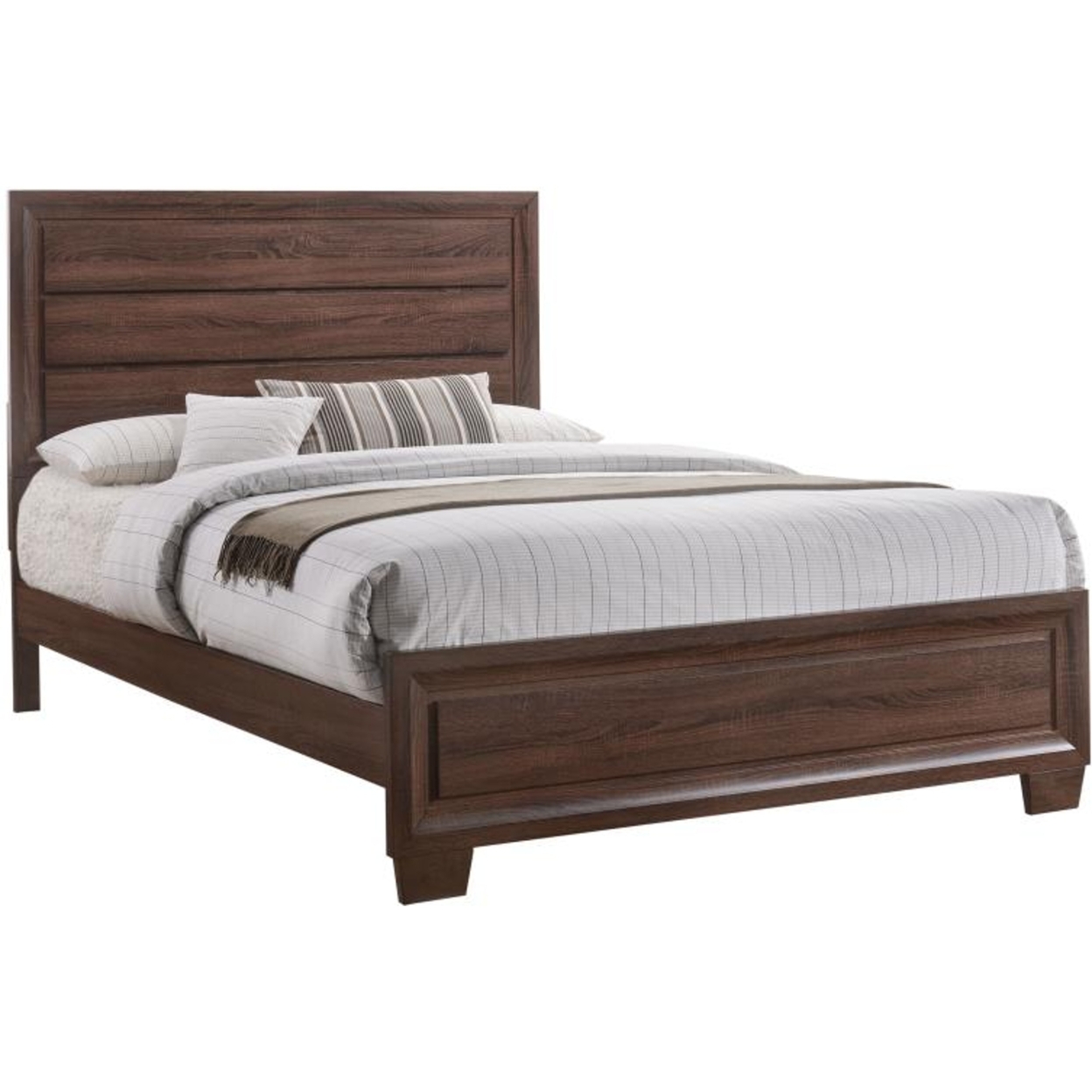 Transitional Wooden Eastern King Size Bed With Plank Headboard, Brown- Saltoro Sherpi