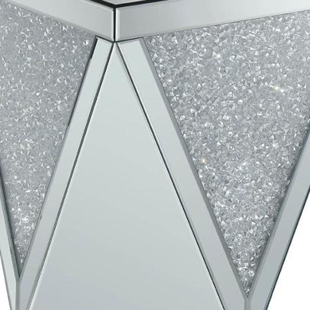 Wooden End Table With Triangular Infused Crystal Details, Silver And Clear- Saltoro Sherpi