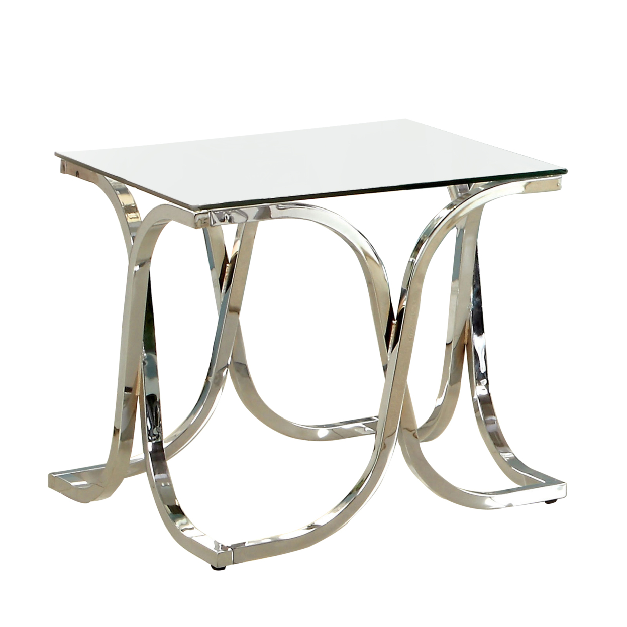 Modern End Table With Glass Top And Curved Chrome Legs, Silver And Clear- Saltoro Sherpi
