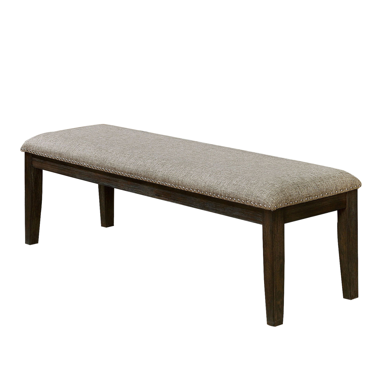 Fabric Upholstered Bench With Nailhead Trim And Tapered Legs, Gray And Espresso- Saltoro Sherpi