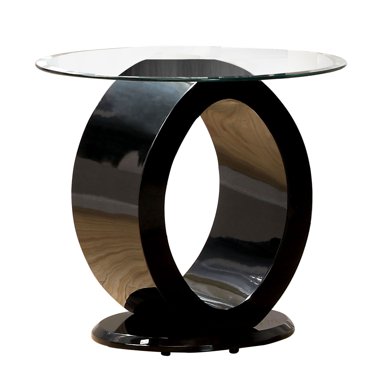 Contemporary Tempered Glass Top End Table With O Shape Base, Black- Saltoro Sherpi