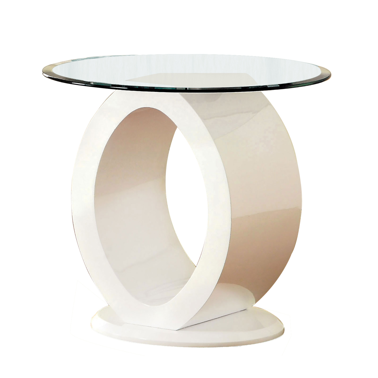 Contemporary Tempered Glass Top End Table With O Shape Base, White- Saltoro Sherpi