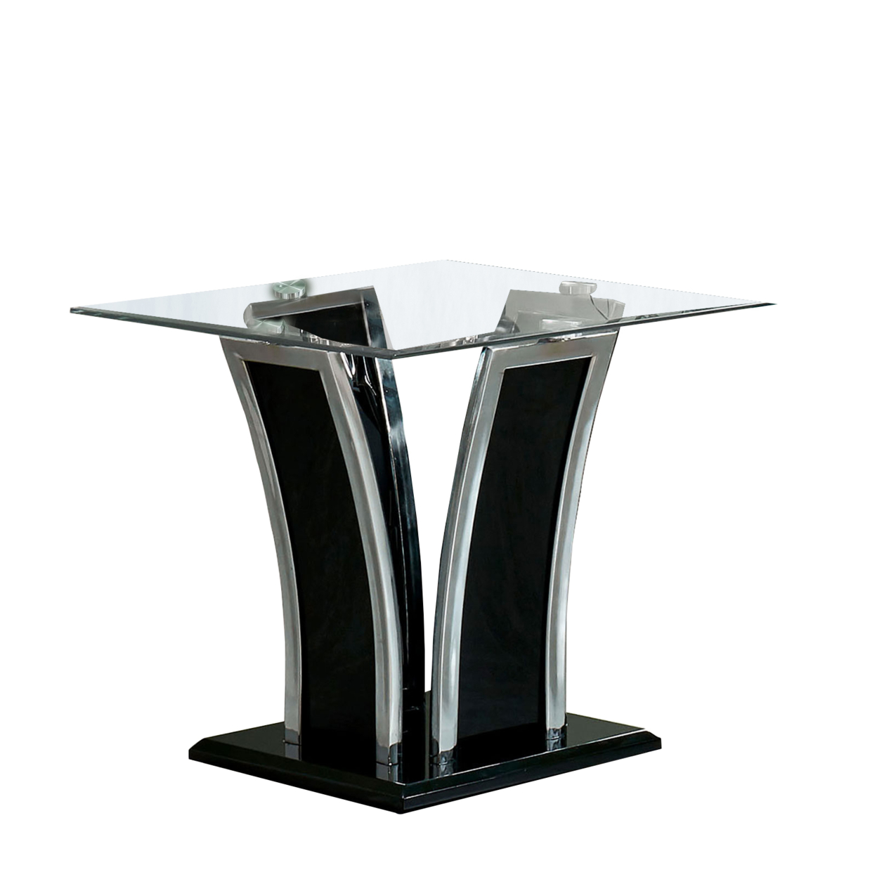 Chrome Trim Flared Base End Table With Glass Top, Black And Silver- Saltoro Sherpi
