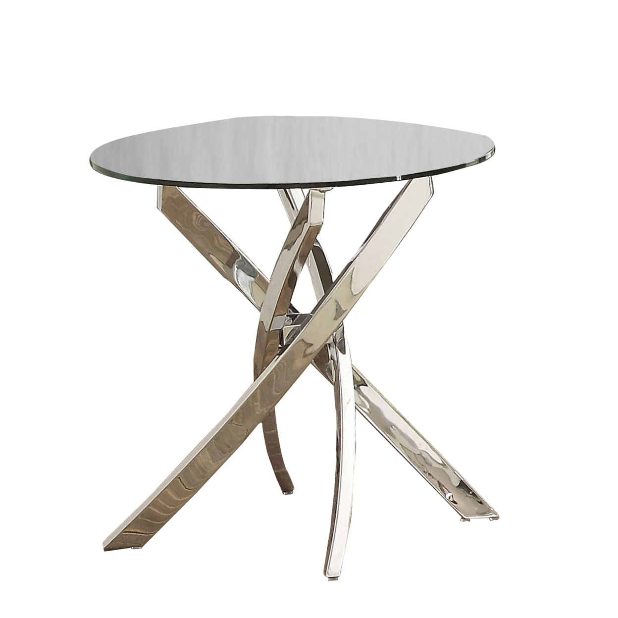 Round Glass Top End Table With Criss Cross Metal Base, Silver- Saltoro Sherpi