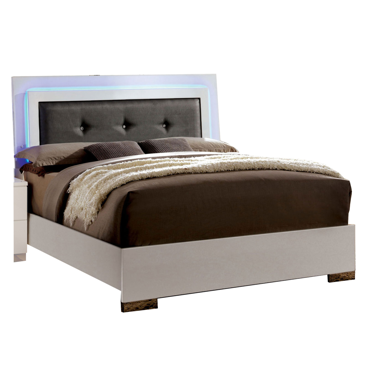 Contemporary Full Bed With LED Trim And Lacquer Coating, White And Gray- Saltoro Sherpi