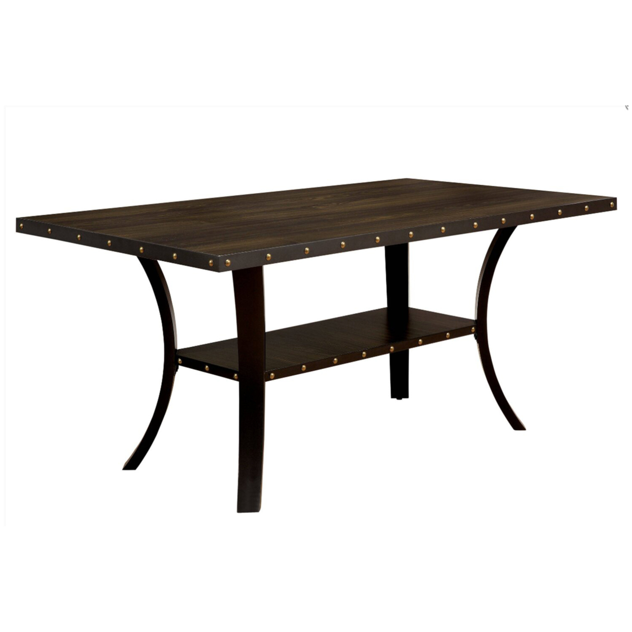 Transitional Wooden Dining Table With Nailhead Trim And Open Shelf, Brown- Saltoro Sherpi
