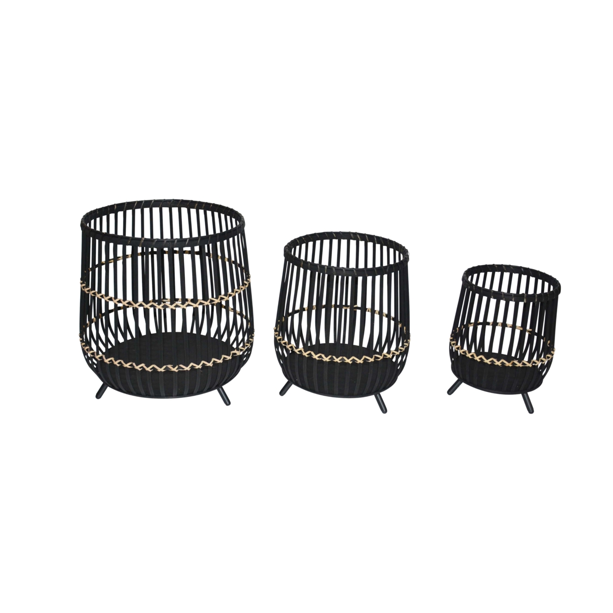Drum Shaped Open Cage Bamboo Planter With Angled Legs, Set Of 3, Black- Saltoro Sherpi