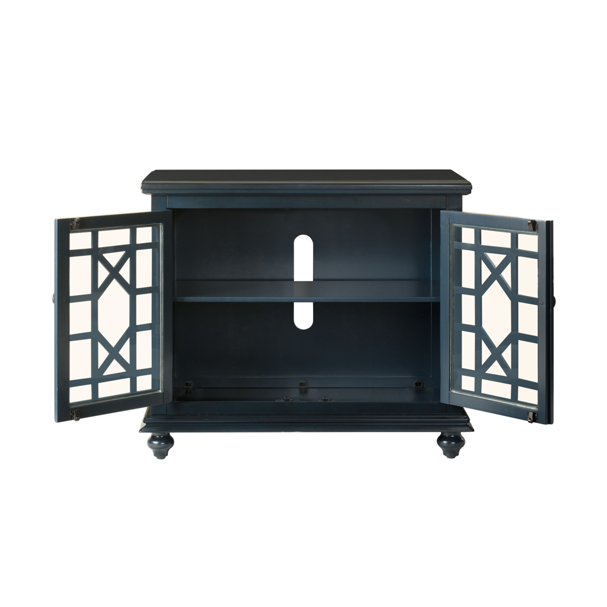 Transitional Wood And Glass TV Stand With Trellis Cabinet Front, Dark Blue- Saltoro Sherpi