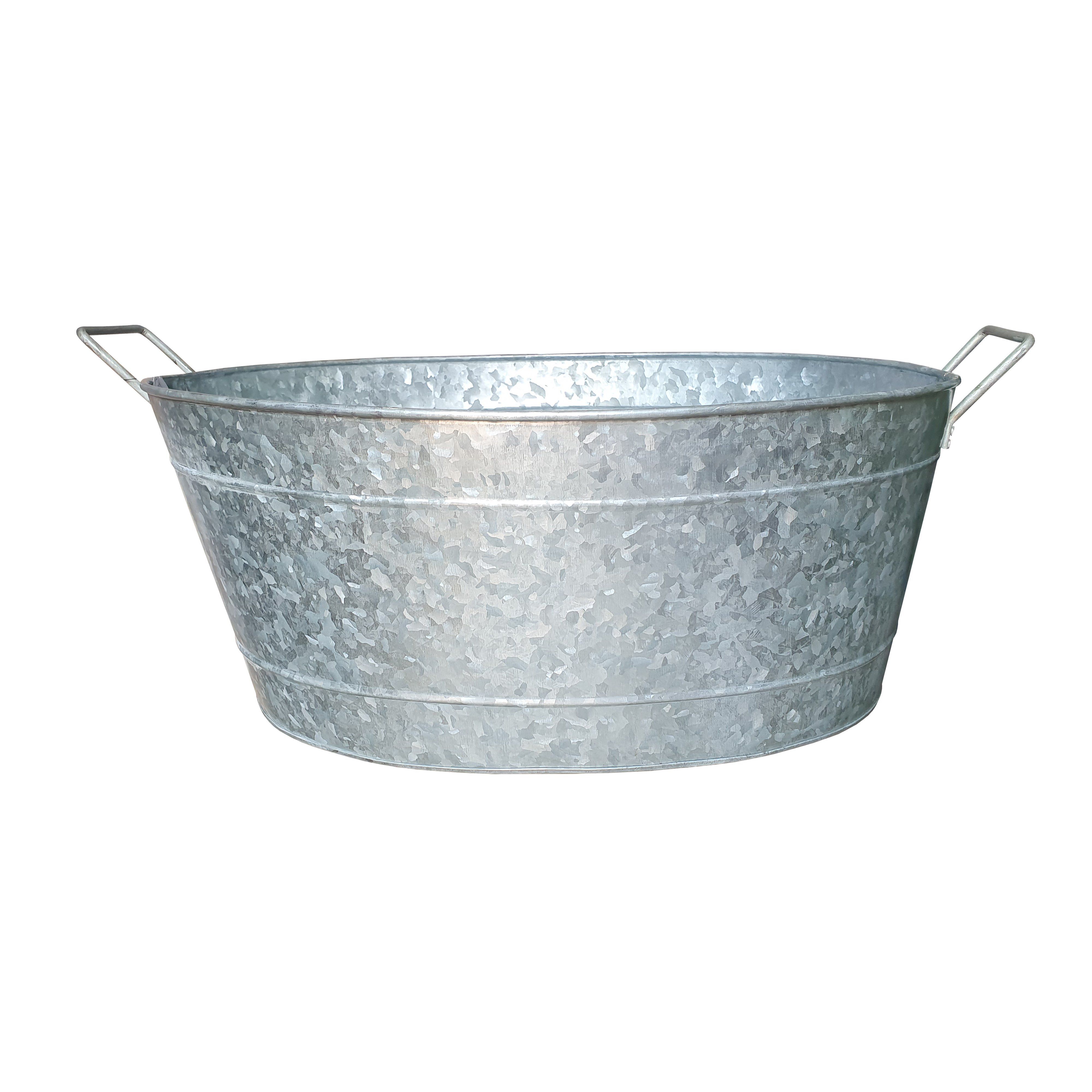 Embossed Design Oval Shape Galvanized Steel Tub With Side Handles, Small, Silver- Saltoro Sherpi