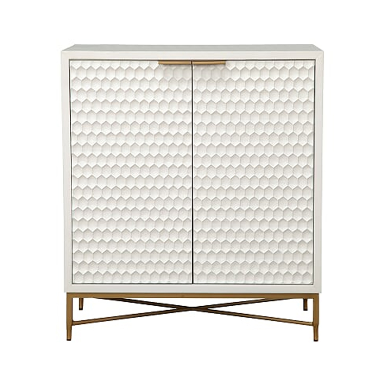 Honeycomb Design 2 Door Bar Cabinet With Metal Legs, White- Saltoro Sherpi