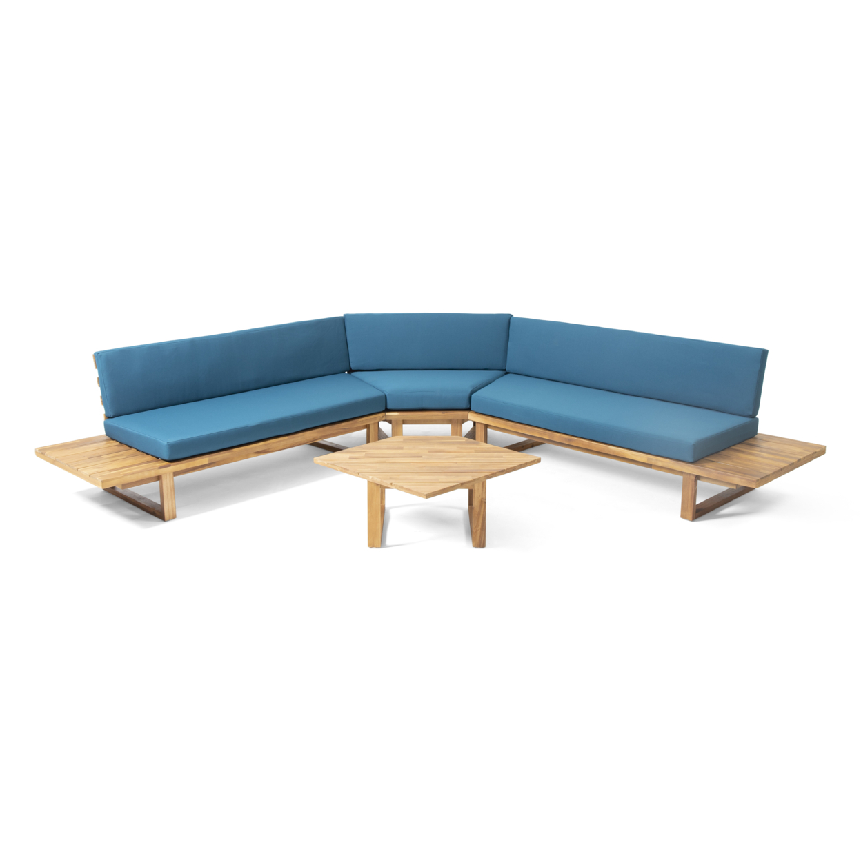 Aida Outdoor Acacia Wood 5 Seater Sectional Sofa Set With Water-Resistant Cushions - Teak Finish + Dark Teal
