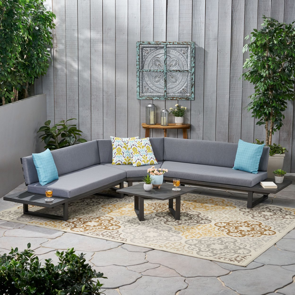 Aida Outdoor Acacia Wood 5 Seater Sectional Sofa Set With Water-Resistant Cushions - Dark Gray + Gray