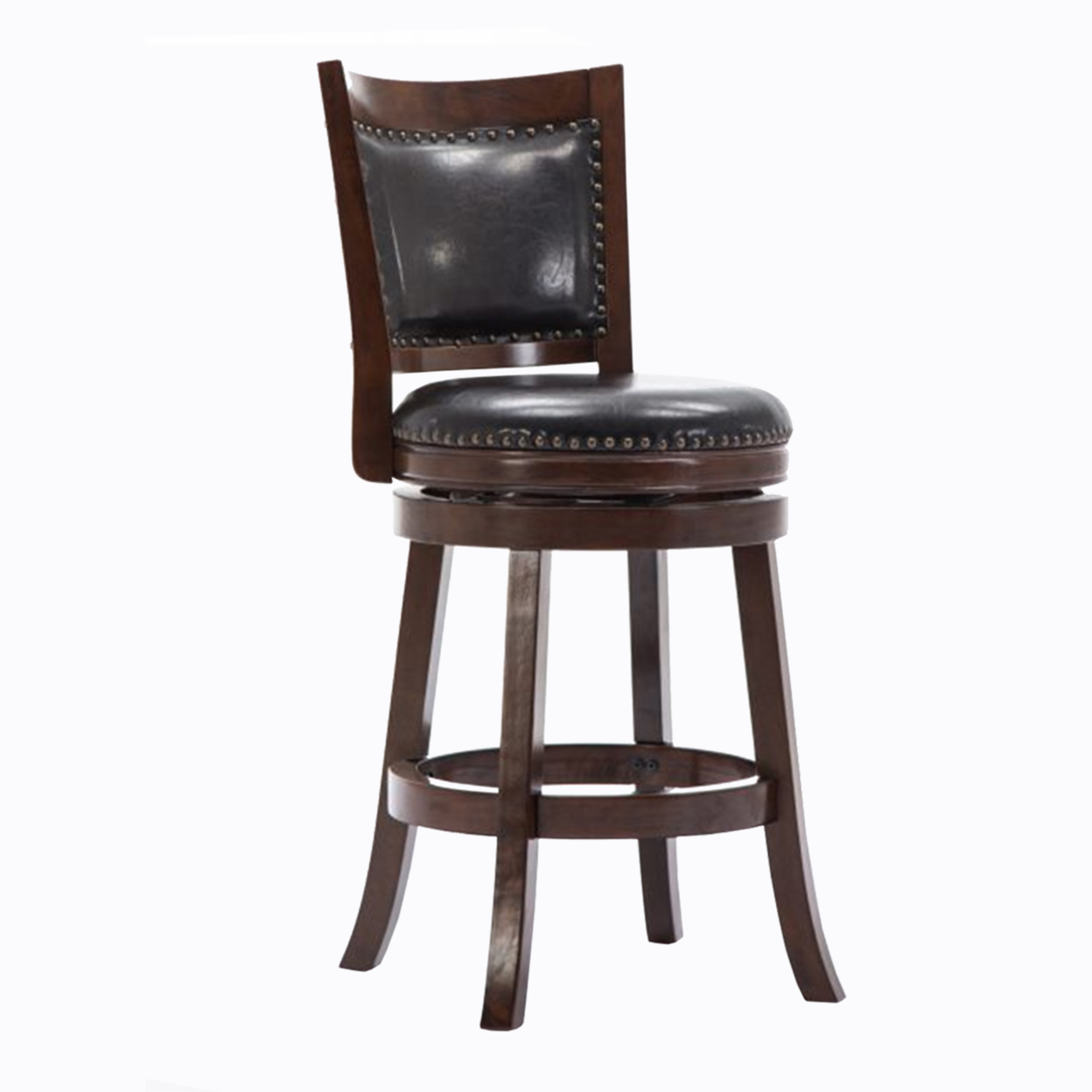 Nailhead Round Leatherette Counter Stool With Flared Leg, Brown And Black- Saltoro Sherpi