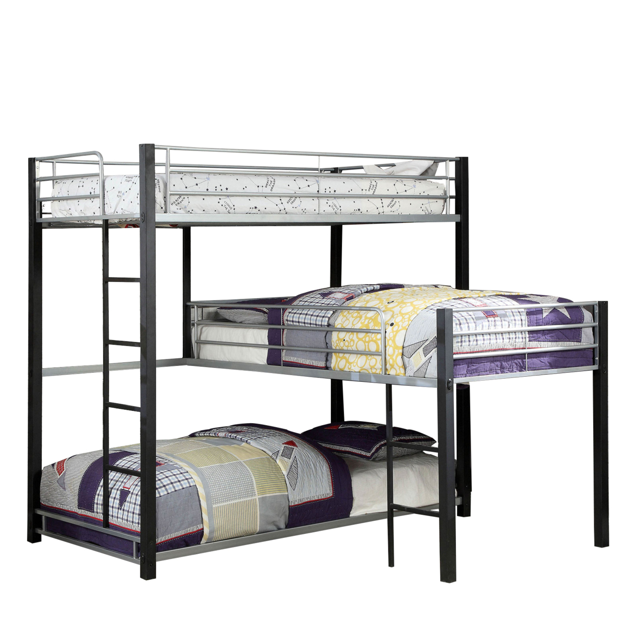 3 Tier Industrial Style Twin Bunk Bed With Corner Design, Black And Gray- Saltoro Sherpi