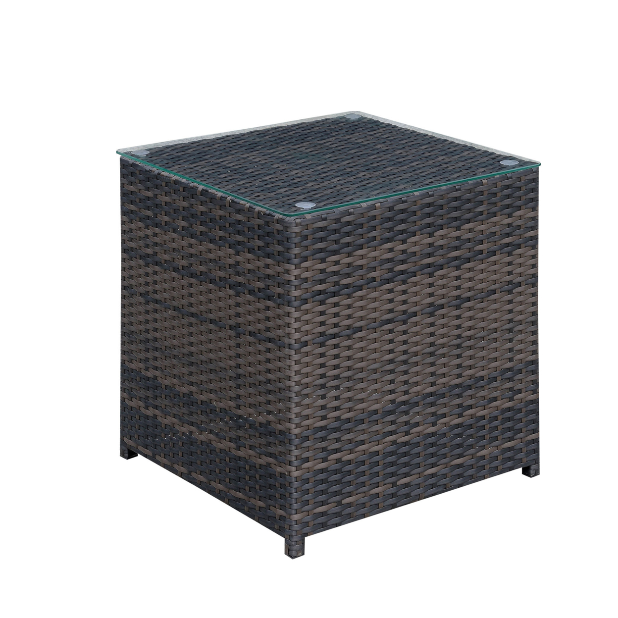 Square Faux Rattan And Aluminum End Table With Glass Top, Brown- Saltoro Sherpi