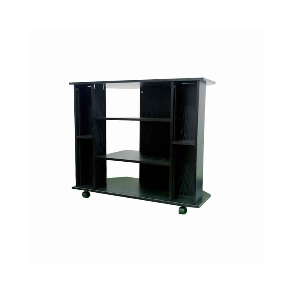 Wooden TV Stand With 3 Tier Shelving And CD Rack, Black- Saltoro Sherpi