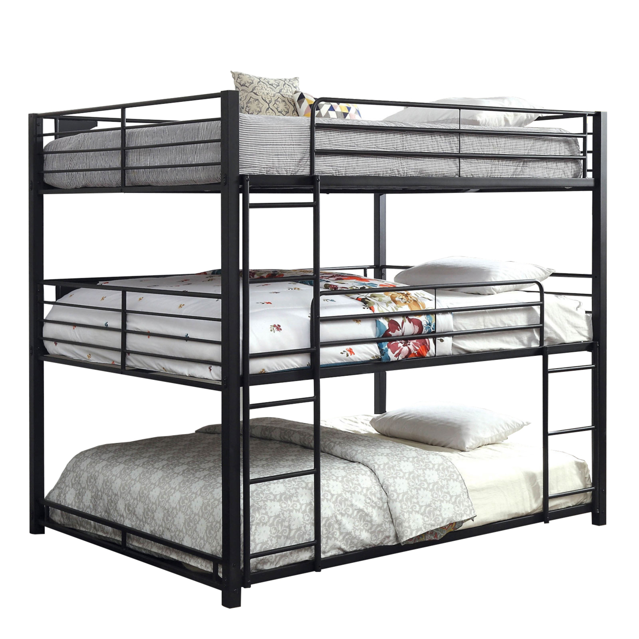Industrial Style Queen Triple Decker Bunk Bed With Ladder, Black- Saltoro Sherpi