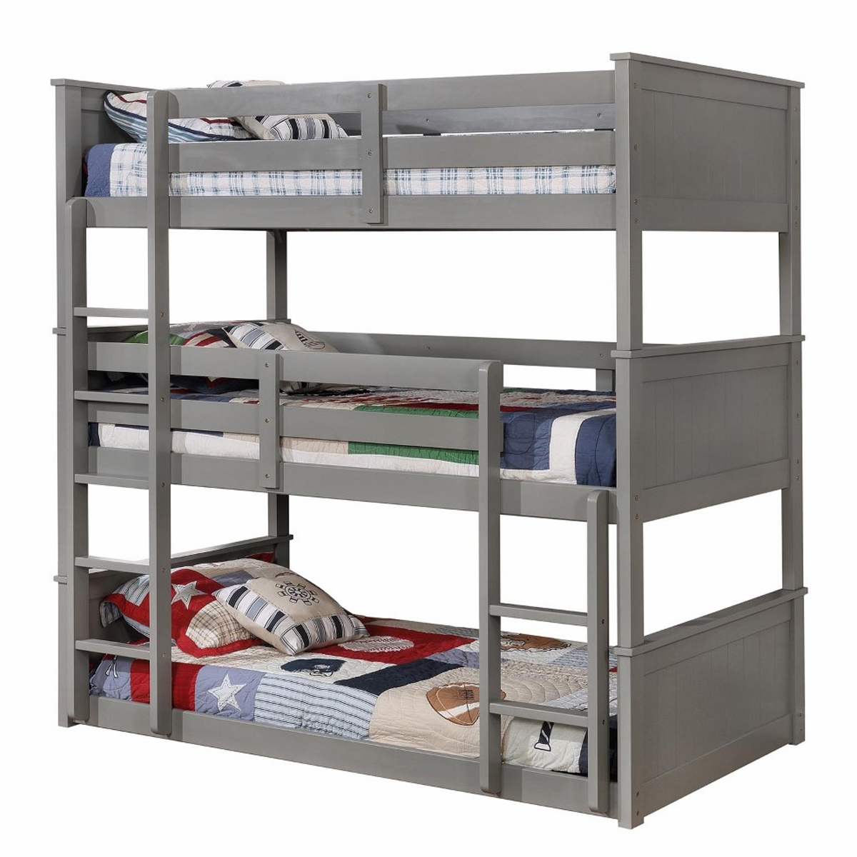 3 Tier Wooden Bunk Bed With Attached Ladders And Slat Base, Gray- Saltoro Sherpi