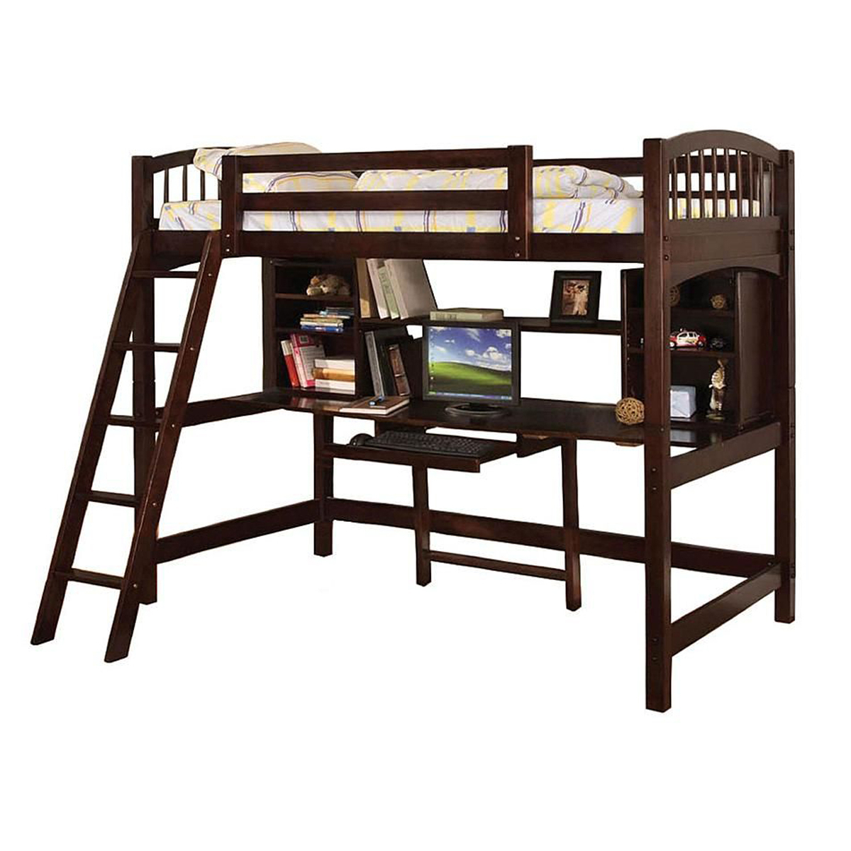 Transitional Style Wooden Bunk Bed With Workstation, Dark Brown- Saltoro Sherpi