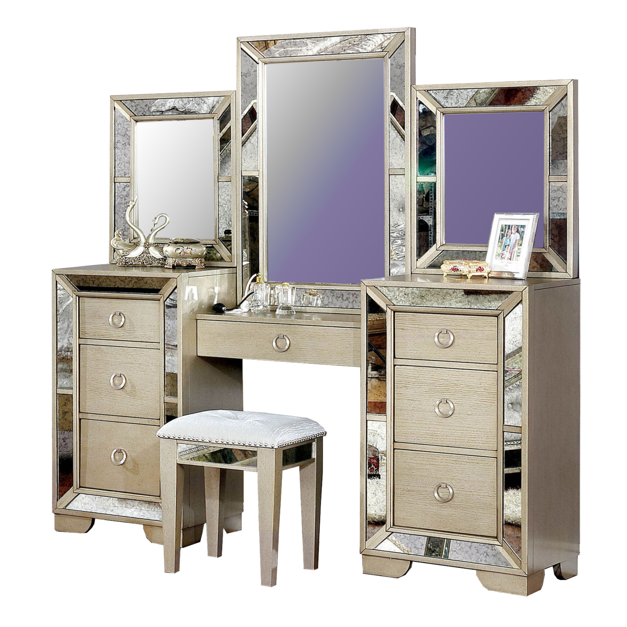 Wooden Vanity Set With Antique Mirror Details And Storage Drawers, Silver- Saltoro Sherpi