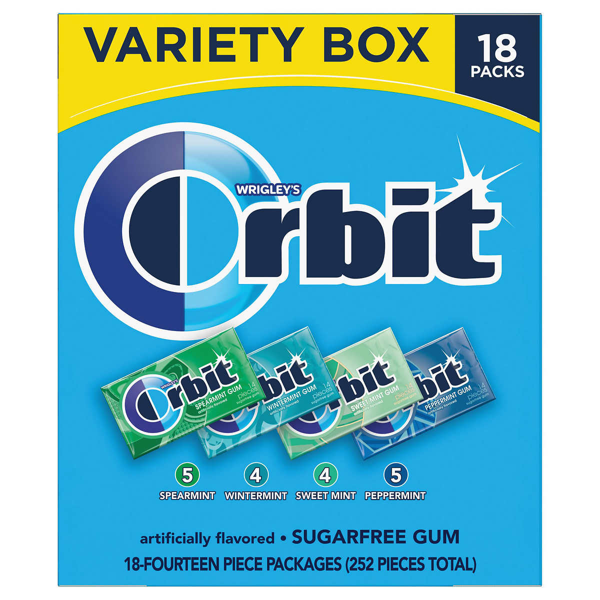 Orbit Sugar Free Mint Chewing Gum Bulk Variety Pack, 14 Pieces (18 Packs)