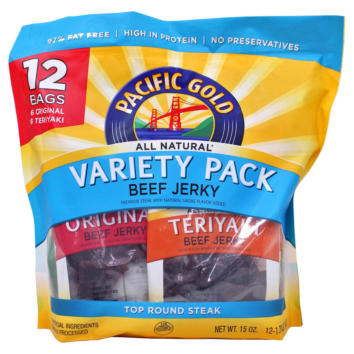 Pacific Gold Beef Jerky, Variety Pack, 15 Oz, 12-count