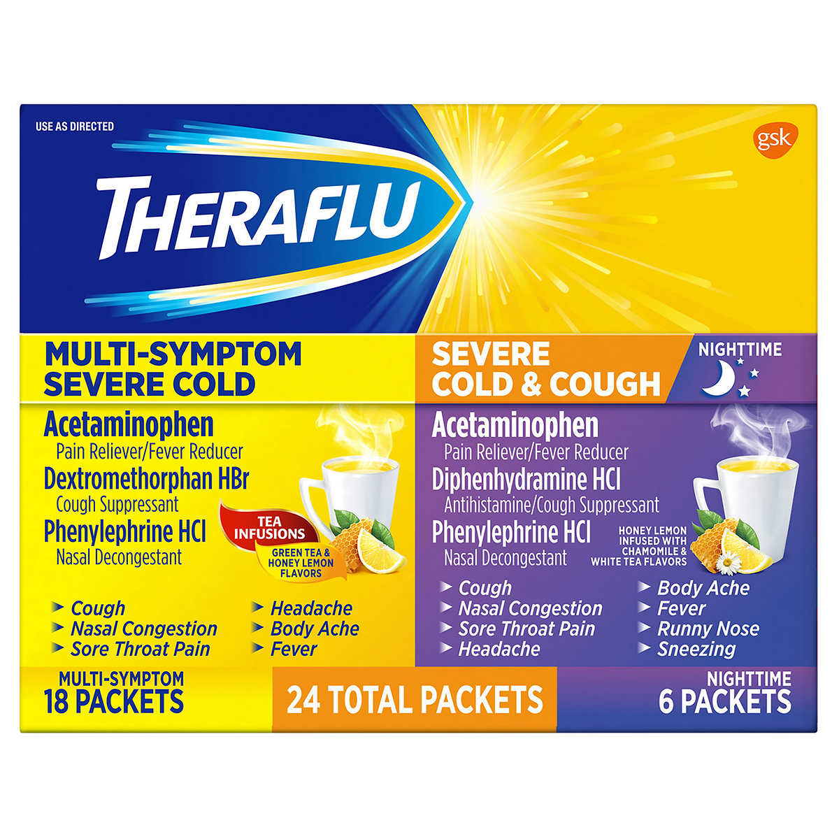 Theraflu Multi-Symptom + Nighttime Severe Cold & Cough, 24 Powder Packets