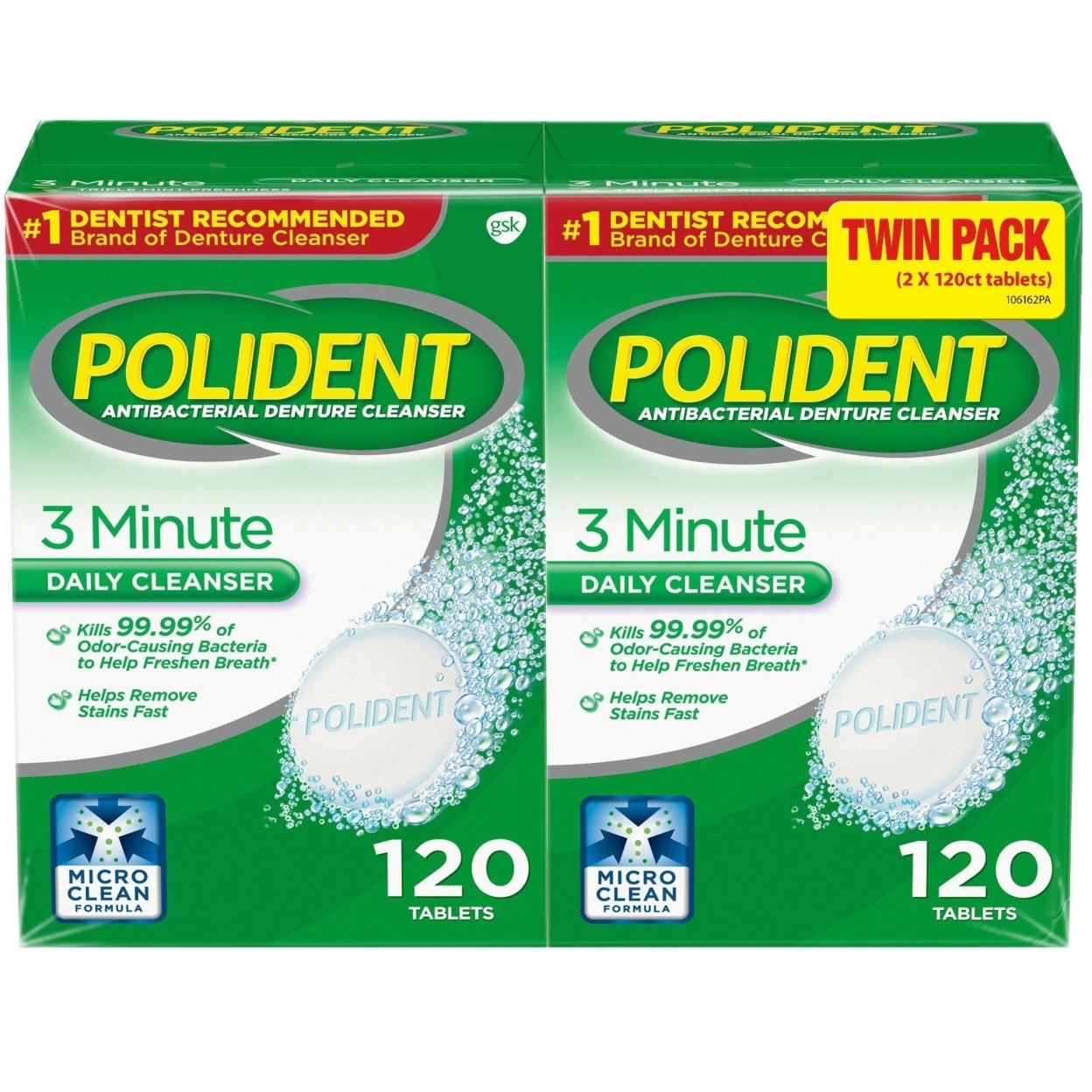 Polident 3-Min Mint Antibacterial Denture Cleanser, Effervescent Tabs (240 Ct.)