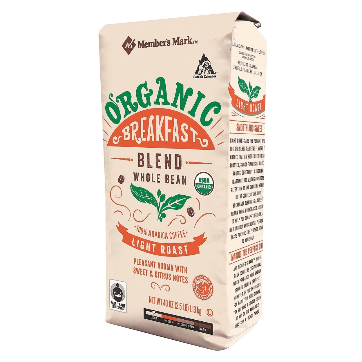 Member's Mark Organic Breakfast Coffee, Whole Bean (40 Ounce)