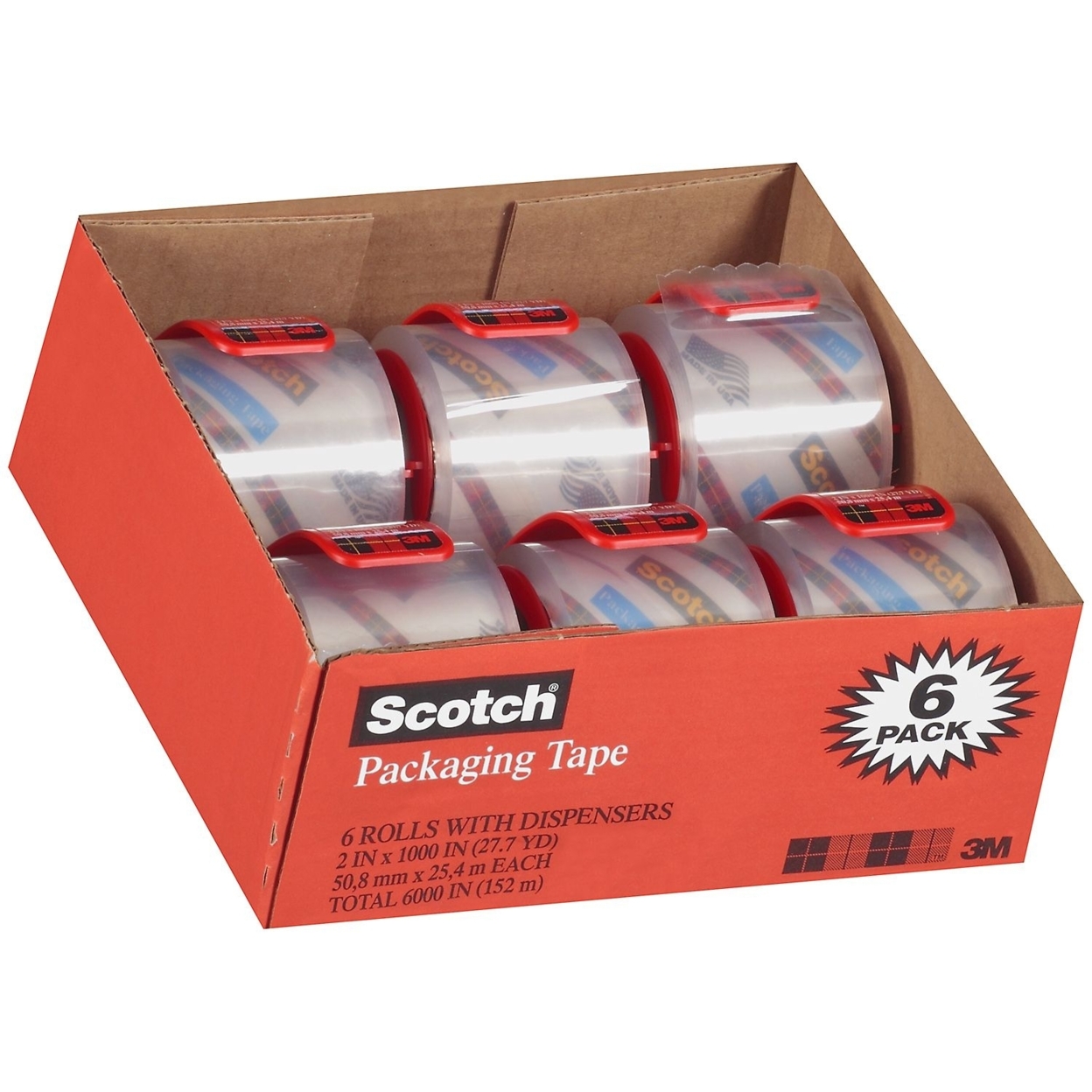 Scotch - 3850 Shipping Packaging Tape, 2 X 27.7YD - 6 Rolls W/Dispensers