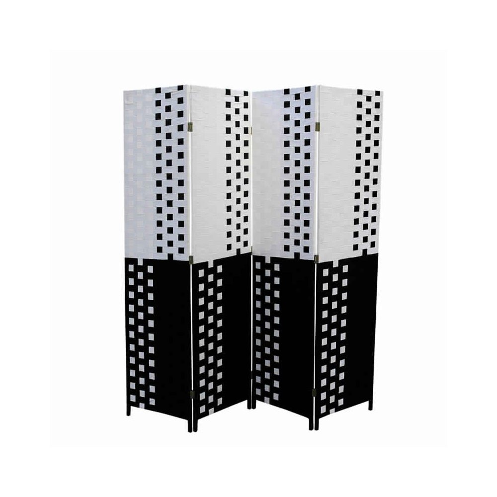 Paper Straw 4 Panel Screen With 2 Inch Wooden Legs, White And Black- Saltoro Sherpi