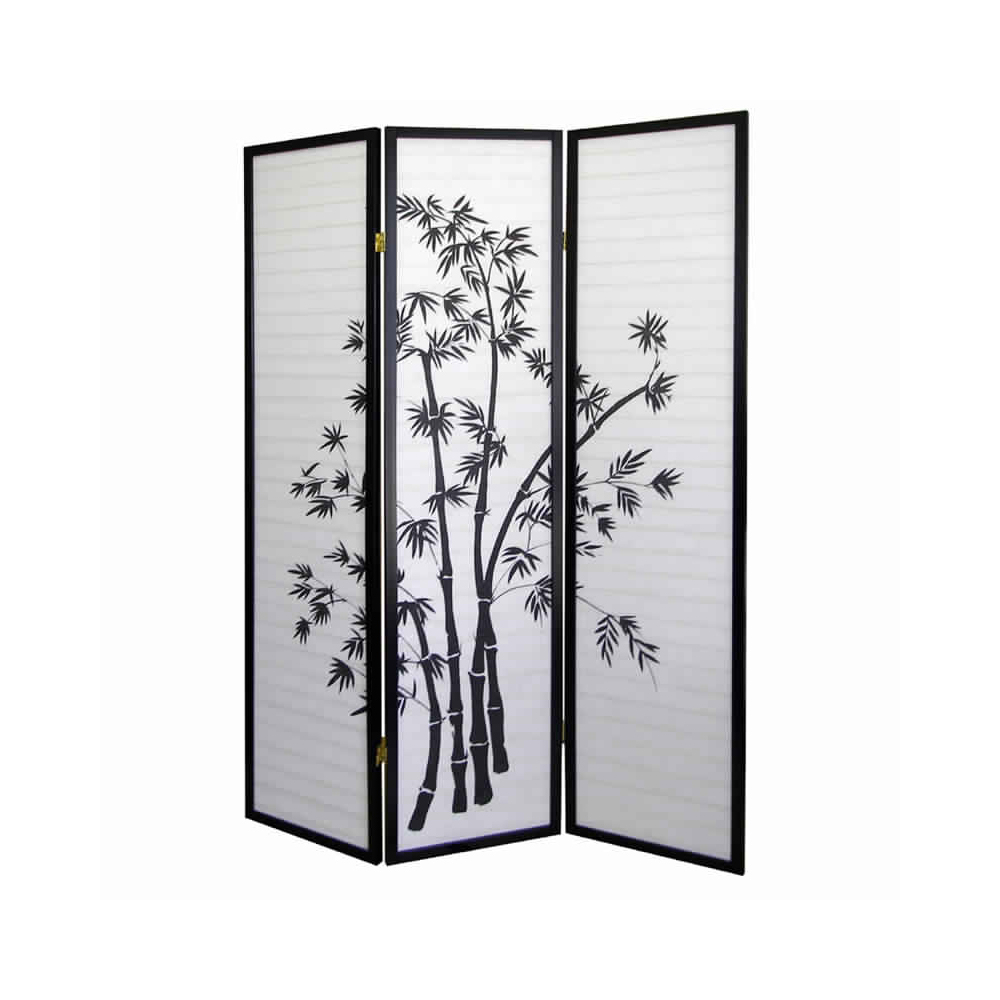 Wood And Paper 3 Panel Room Divider With Bamboo Print, White And Black- Saltoro Sherpi