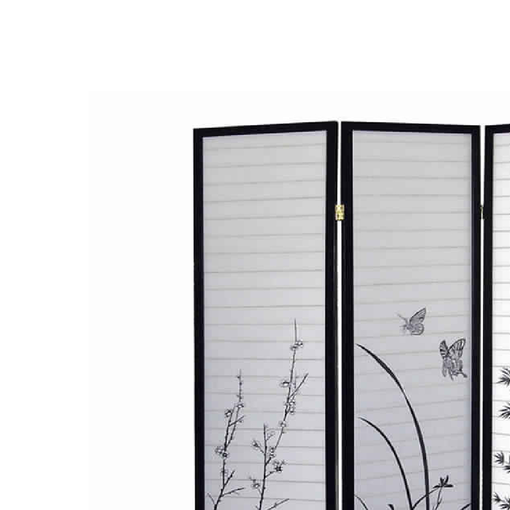 Naturistic Print Wood And Paper 3 Panel Room Divider, White And Black- Saltoro Sherpi