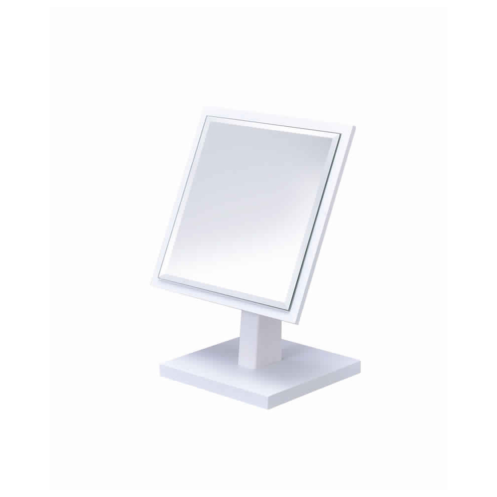 Square Makeup Mirror With Wooden Pedestal Base, White And Silver- Saltoro Sherpi