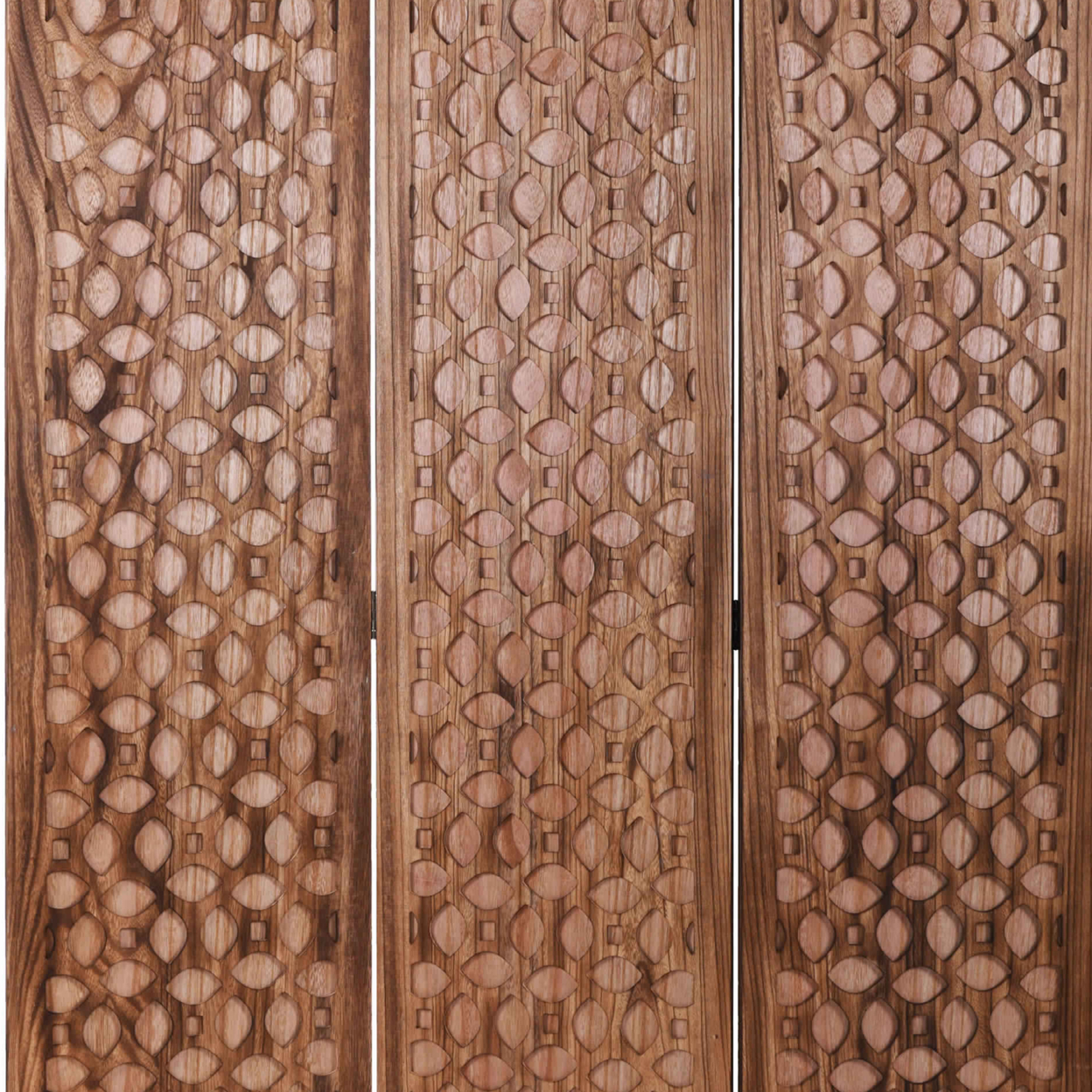 3 Panel Transitional Wooden Screen With Leaf Like Carvings, Brown- Saltoro Sherpi