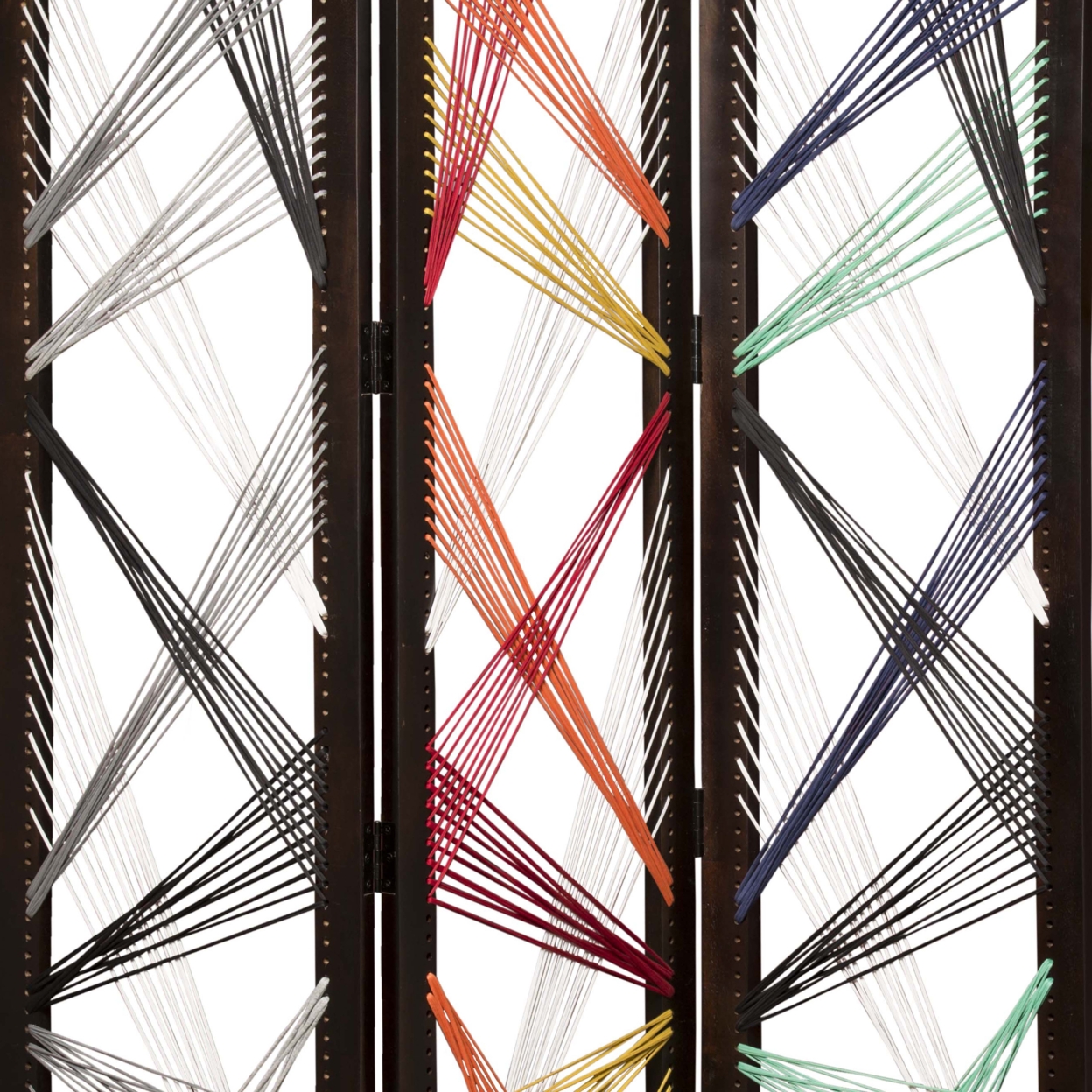 Contemporary 3 Panel Wooden Screen With Woven String Design, Multicolor- Saltoro Sherpi