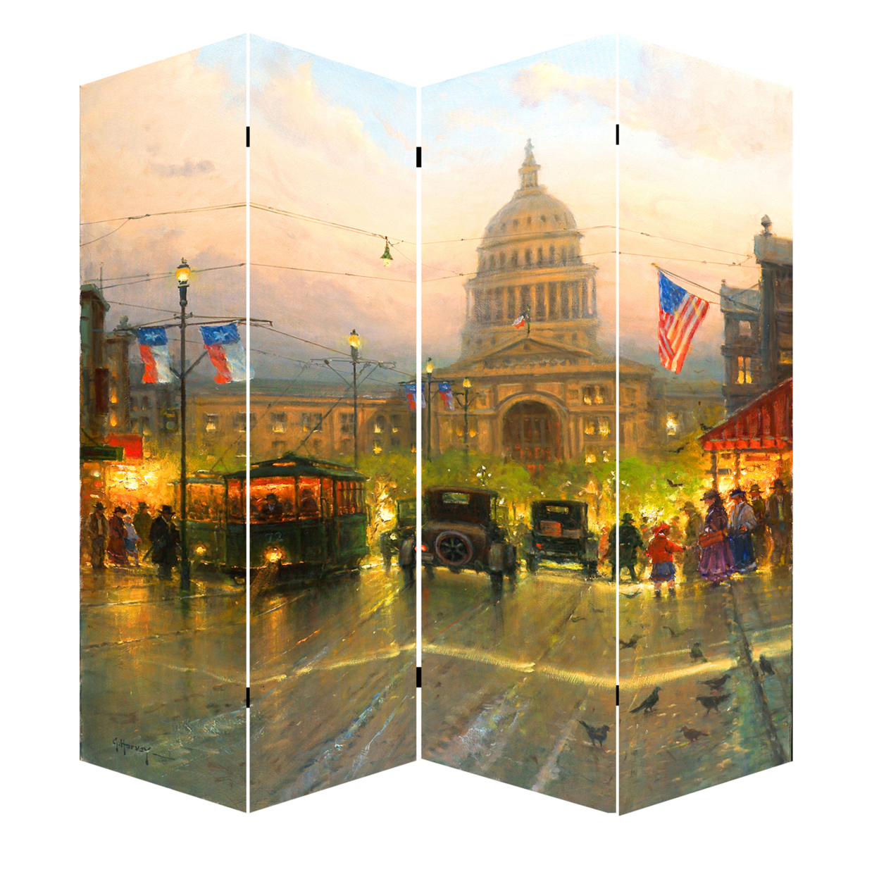 Capitol Hill Street Print Canvas 4 Panel Room Divider , Multicolor- Saltoro Sherpi