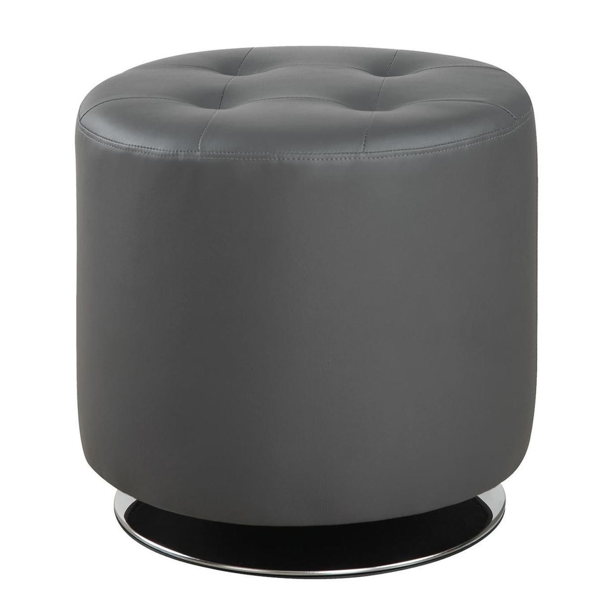 Round Leatherette Swivel Ottoman With Tufted Seat, Gray And Black- Saltoro Sherpi