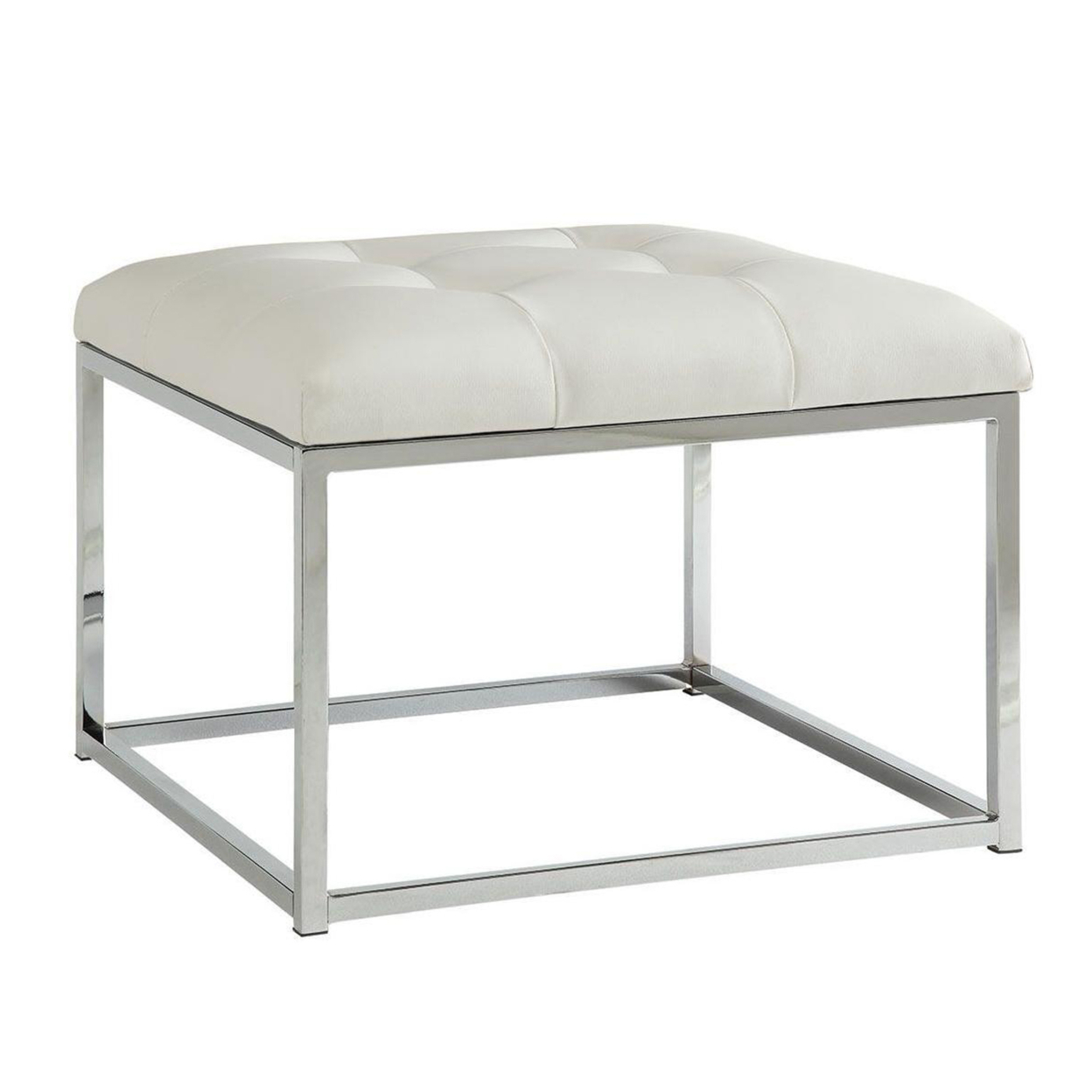 Leatherette Metal Frame Ottoman With Tufted Seating, White And Silver- Saltoro Sherpi