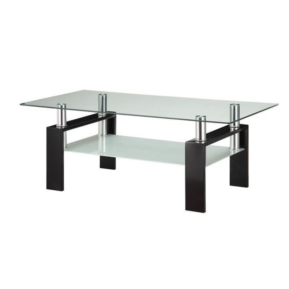 Glass Top Coffee Table With Metal Base And 1 Bottom Shelf, Clear And Black- Saltoro Sherpi