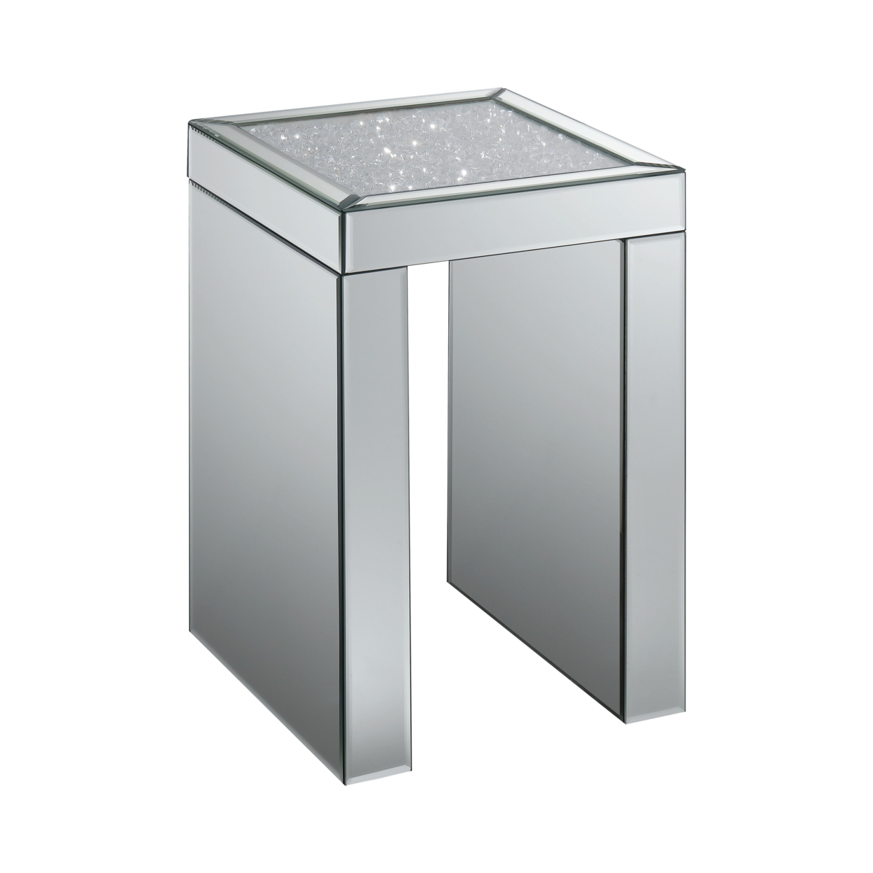Mirror Panelled Accent Table With Crystal Embellished Top, Silver- Saltoro Sherpi